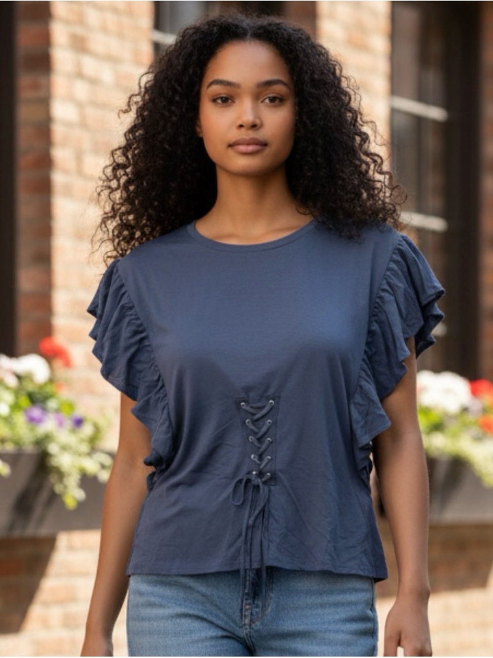 🫶🏻 Express Ruffle Sleeve Lace-Up Tee - Slate Blue